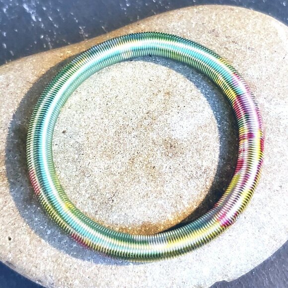 Printed Design Stretch Stainless Steel Coil Green Multicolor Bangle Bracelet #6 - Picture 4 of 7